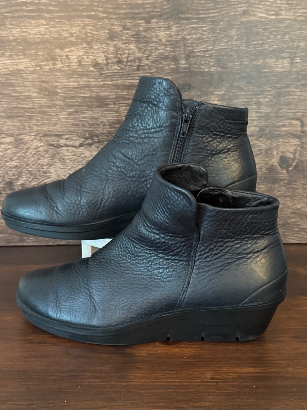 Ecco Black Leather Wedge Ankle Boots - Women